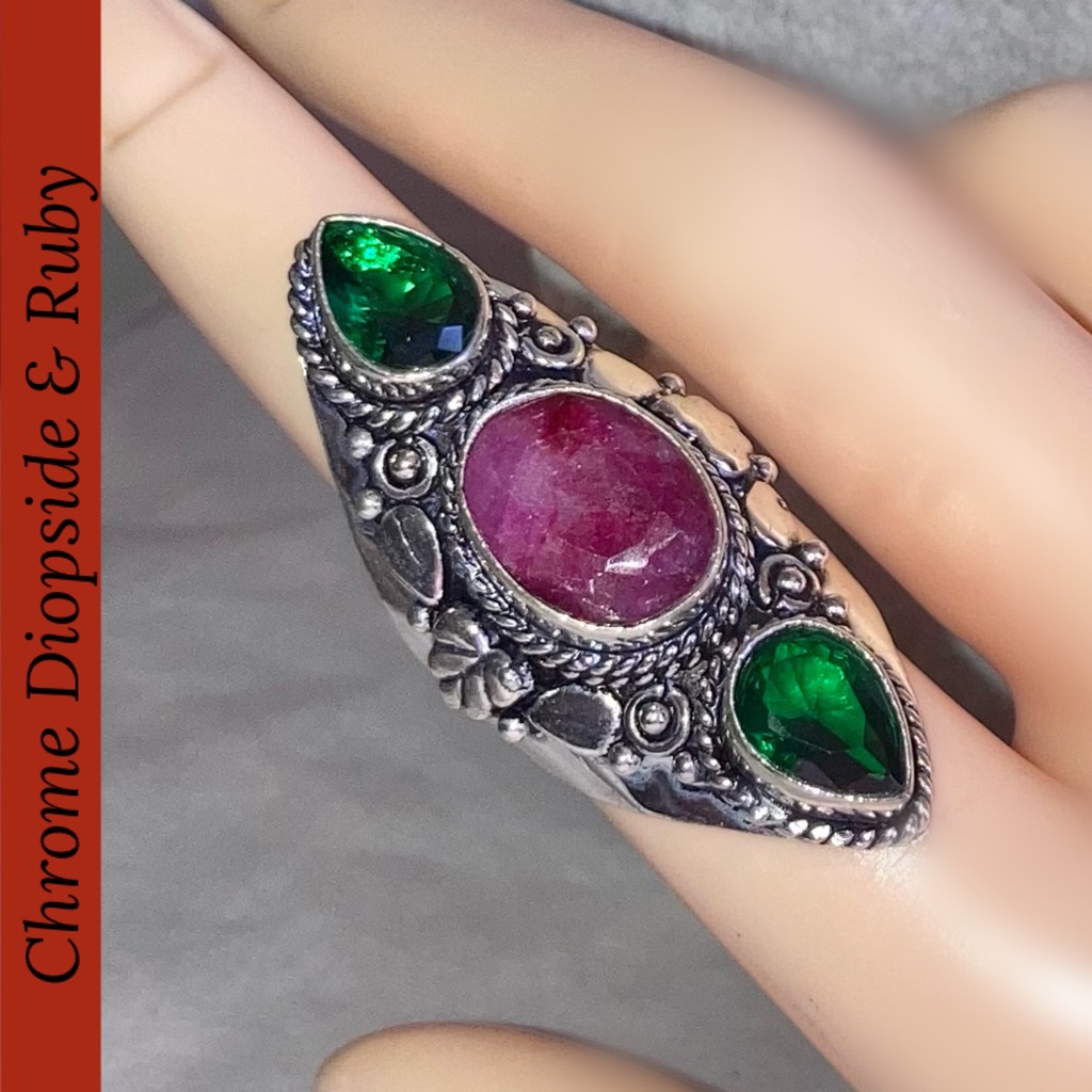 Ruby & Chrome Diopside Gemstone Handmade Shield Armor Ring